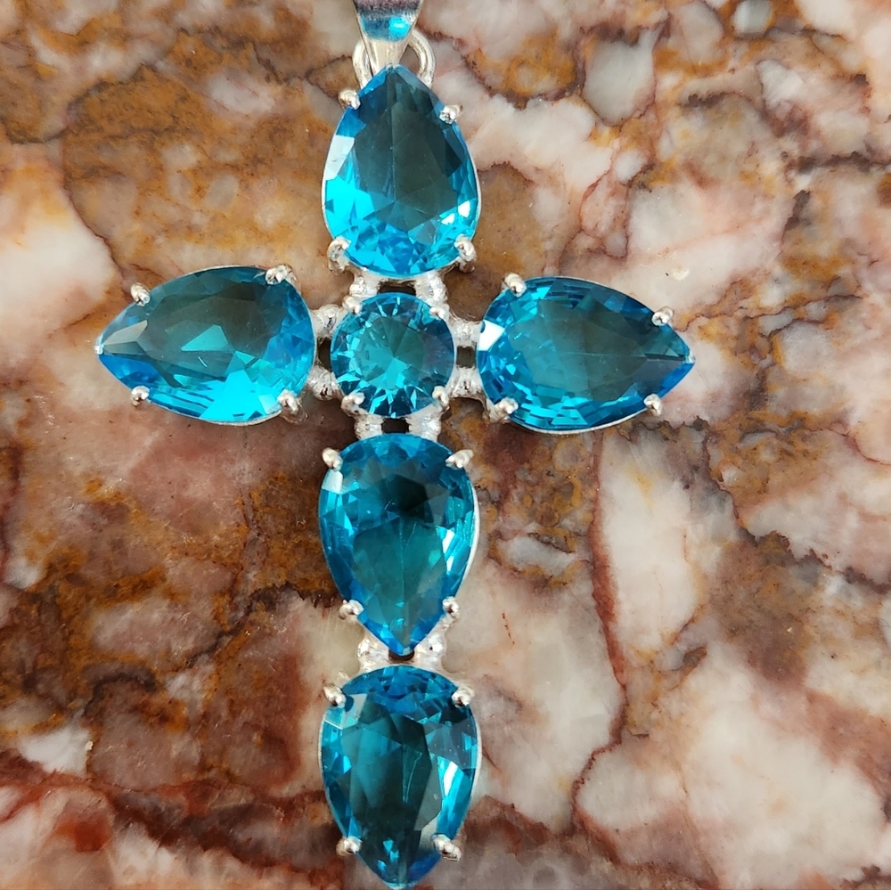 Blue Gemstone large Cross Pendant.